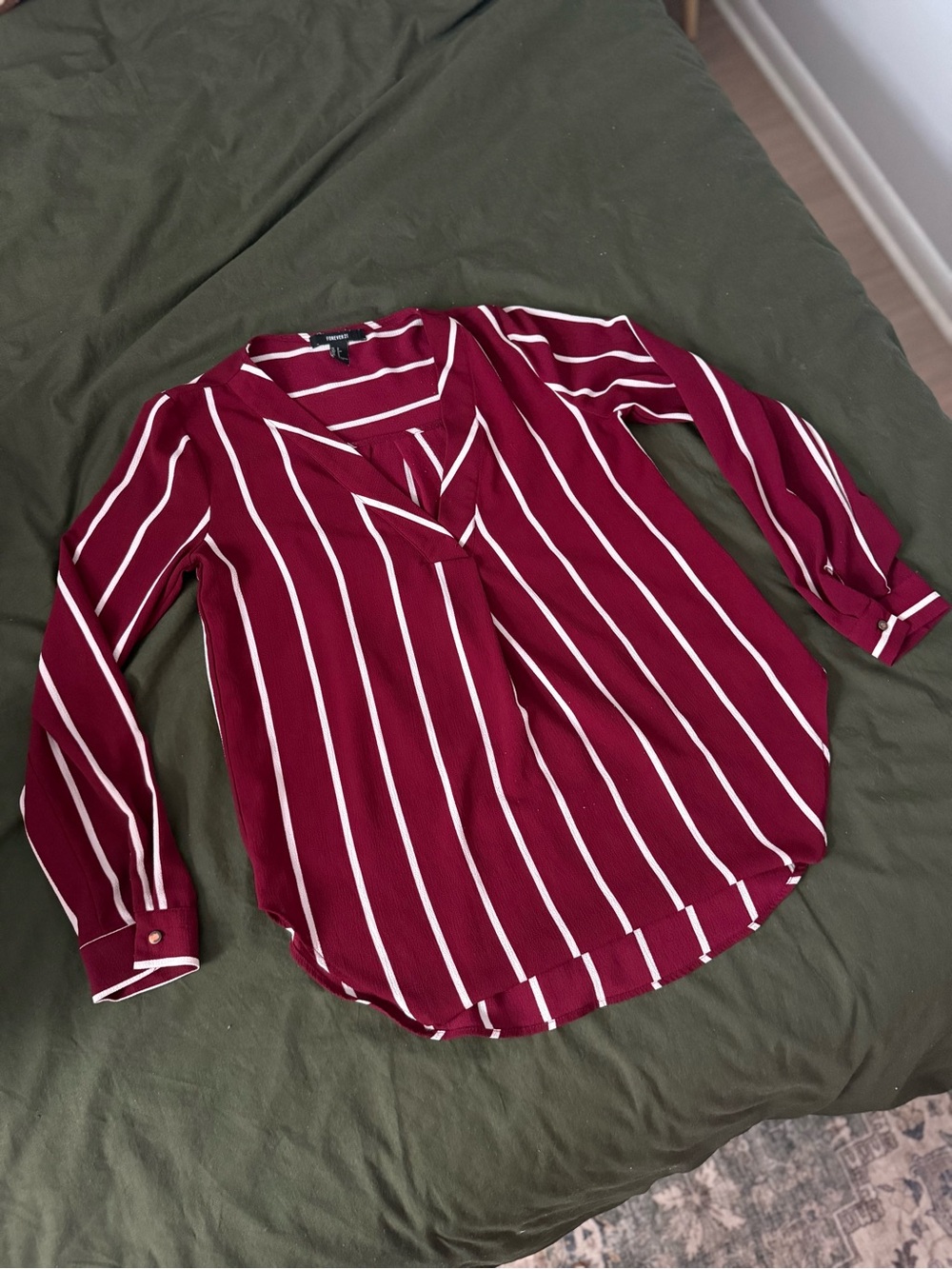 Burgundy Striped V-Neck Long-Sleeve Blouse